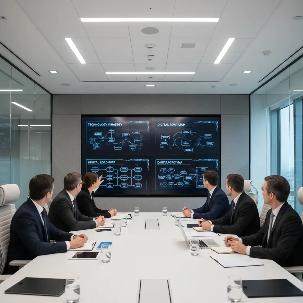 Business consultants reviewing technology strategy documents and digital roadmaps around a modern conference table